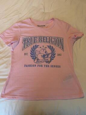 True Religion Light Pink Tee with Blue Graphic